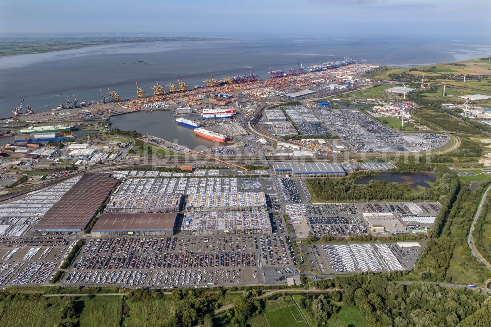 Bremerhaven from above - Parking and storage space for automobiles in the international port in Bremerhaven in the state Bremen