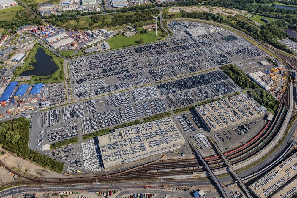 Aerial photograph Bremerhaven - Parking and storage space for automobiles in the international port in Bremerhaven in the state Bremen