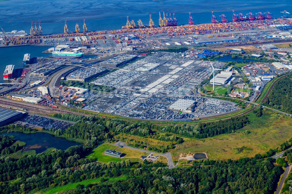 Bremerhaven from above - Parking and storage space for automobiles in the international port in Bremerhaven in the state Bremen