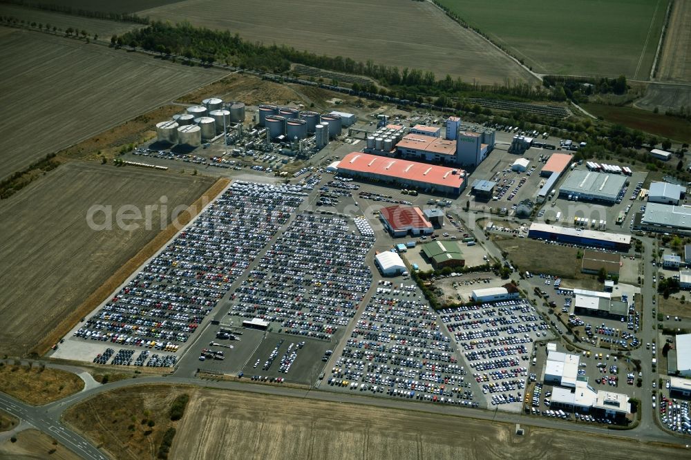 Aerial image Zörbig - Parking and storage space for automobiles in Gewerbegebiet Thura Mark in Zoerbig in the state Saxony-Anhalt, Germany