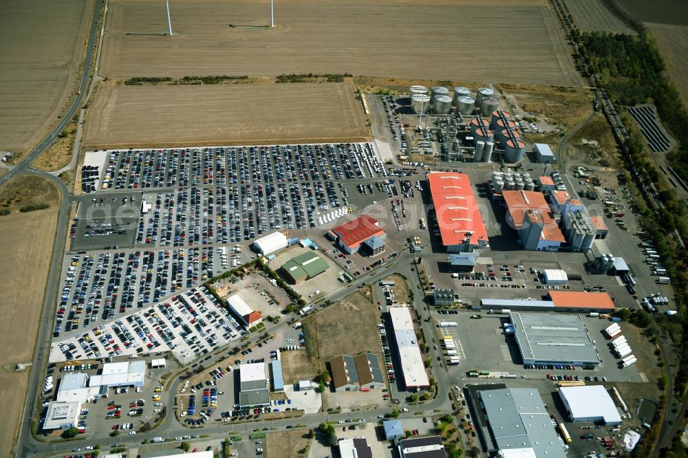 Zörbig from above - Parking and storage space for automobiles in Gewerbegebiet Thura Mark in Zoerbig in the state Saxony-Anhalt, Germany