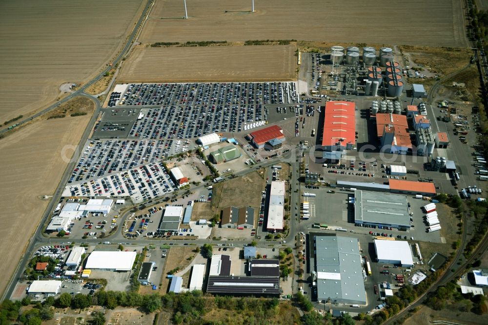 Aerial image Zörbig - Parking and storage space for automobiles in Gewerbegebiet Thura Mark in Zoerbig in the state Saxony-Anhalt, Germany