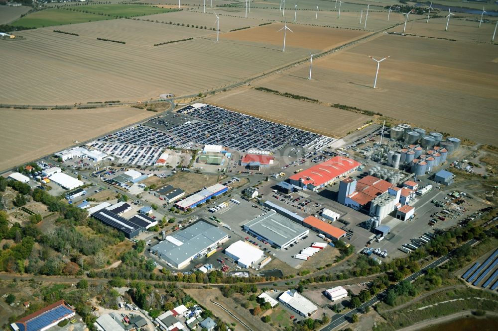 Zörbig from above - Parking and storage space for automobiles in Gewerbegebiet Thura Mark in Zoerbig in the state Saxony-Anhalt, Germany