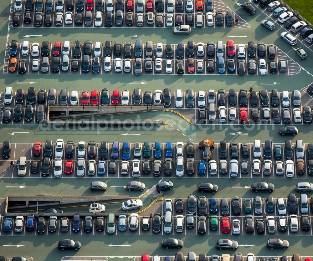 Aerial image Oberhausen - Parking and storage space for cars at the CentrO shopping mall in Oberhausen in the state of North Rhine-Westphalia