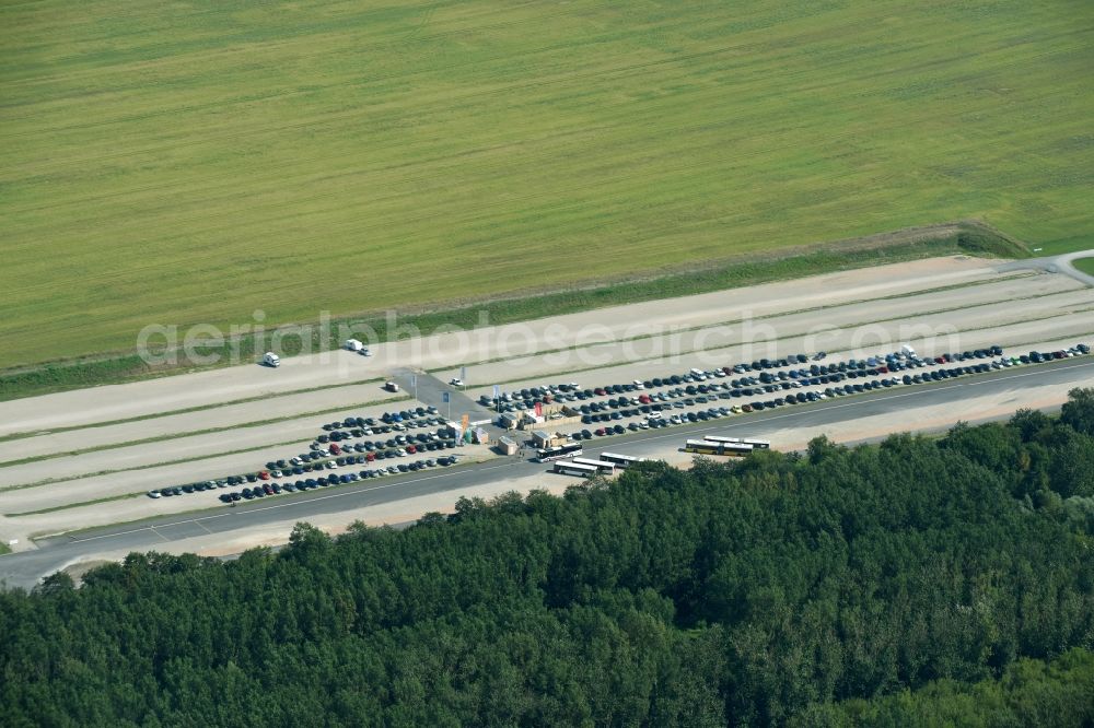 Aerial image Hönow - Parking and storage space for automobiles on Internationale Gartenausstellung IGA 2017 aloung the Berliner Strasse near Hoenow in the state Brandenburg, Germany