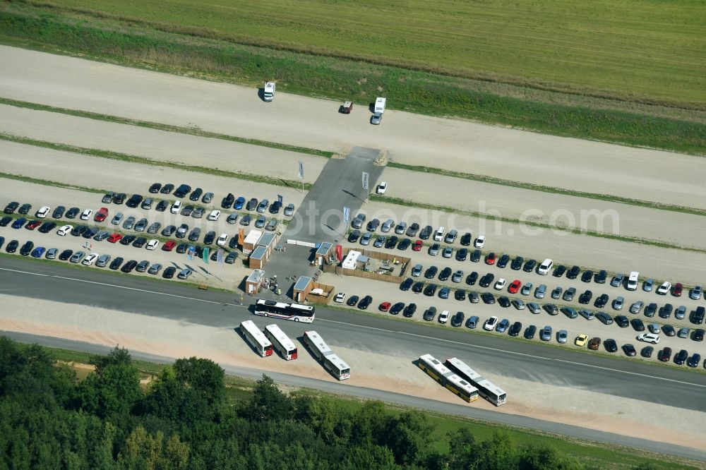 Hönow from above - Parking and storage space for automobiles on Internationale Gartenausstellung IGA 2017 aloung the Berliner Strasse near Hoenow in the state Brandenburg, Germany