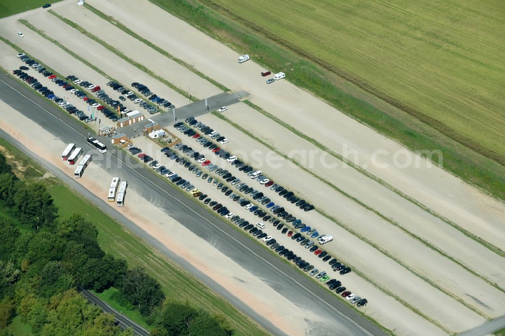 Hönow from the bird's eye view: Parking and storage space for automobiles on Internationale Gartenausstellung IGA 2017 aloung the Berliner Strasse near Hoenow in the state Brandenburg, Germany