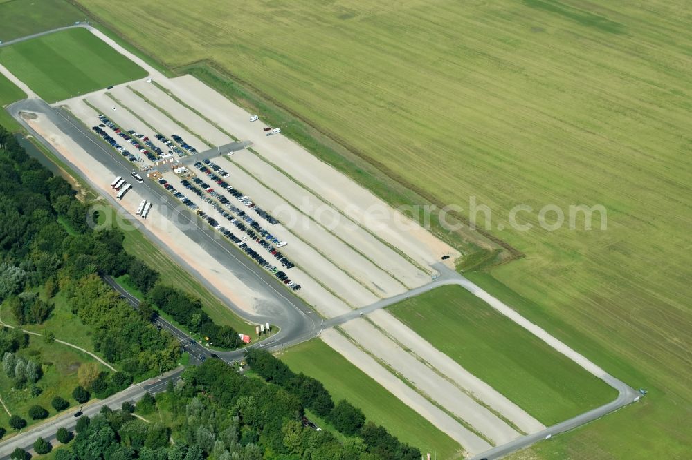 Aerial image Hönow - Parking and storage space for automobiles on Internationale Gartenausstellung IGA 2017 aloung the Berliner Strasse near Hoenow in the state Brandenburg, Germany