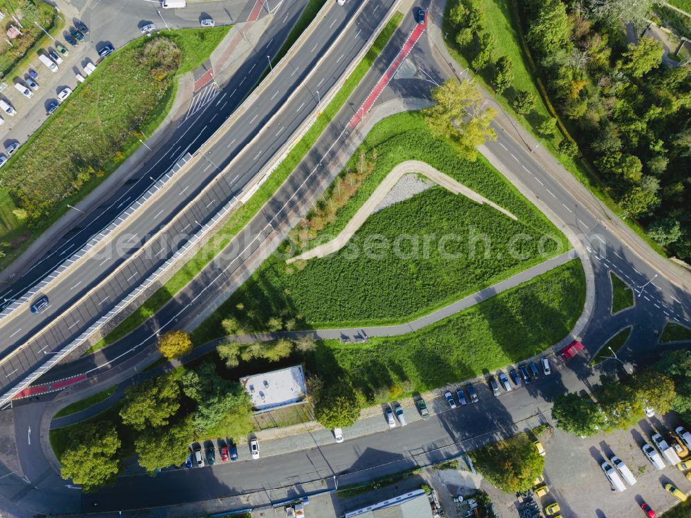 Aerial photograph Dresden - Parking lot at the Dresden Neustadt motorway exit in Kaditz in Dresden in the federal state of Saxony, Germany