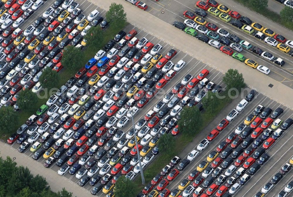 Eisenach from the bird's eye view: On the premises of Adam Opel AG in Eisenach in Thuringia on a parking fully assembled cars of the brands Corsa and Adam for delivery