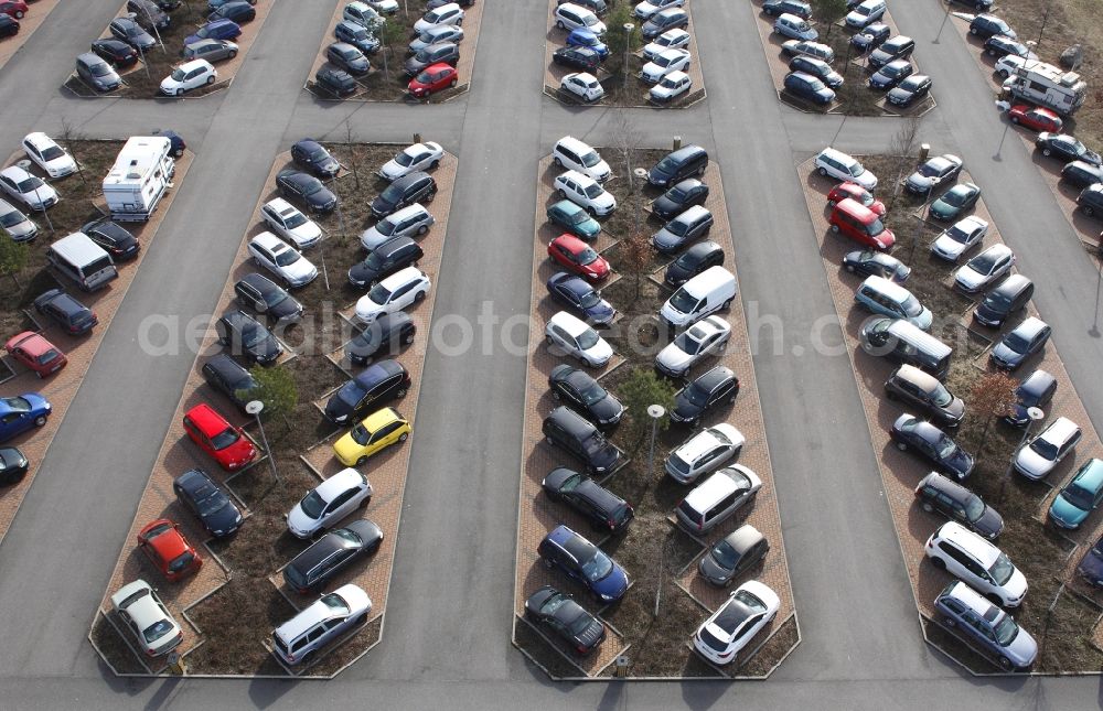 Krausnick from the bird's eye view: Parking space with symmetrically arranged cars in Krausnick in Brandenburg