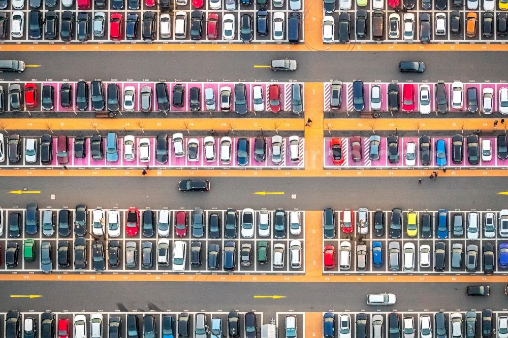 Bochum from above - Parking Areal on the shopping center Ruhrpark in Bochum in North Rhine-Westphalia. The site is a project of Unibail-Rodamco Germany GmbH