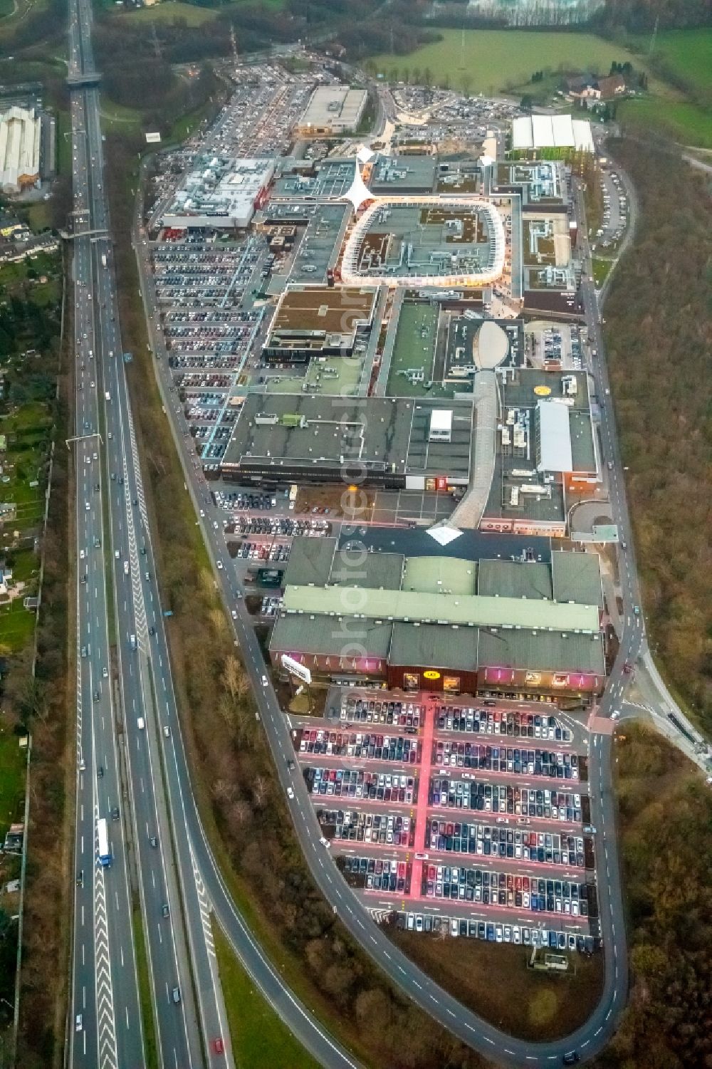 Bochum from above - Parking Areal on the shopping center Ruhrpark in Bochum in North Rhine-Westphalia. The site is a project of Unibail-Rodamco Germany GmbH