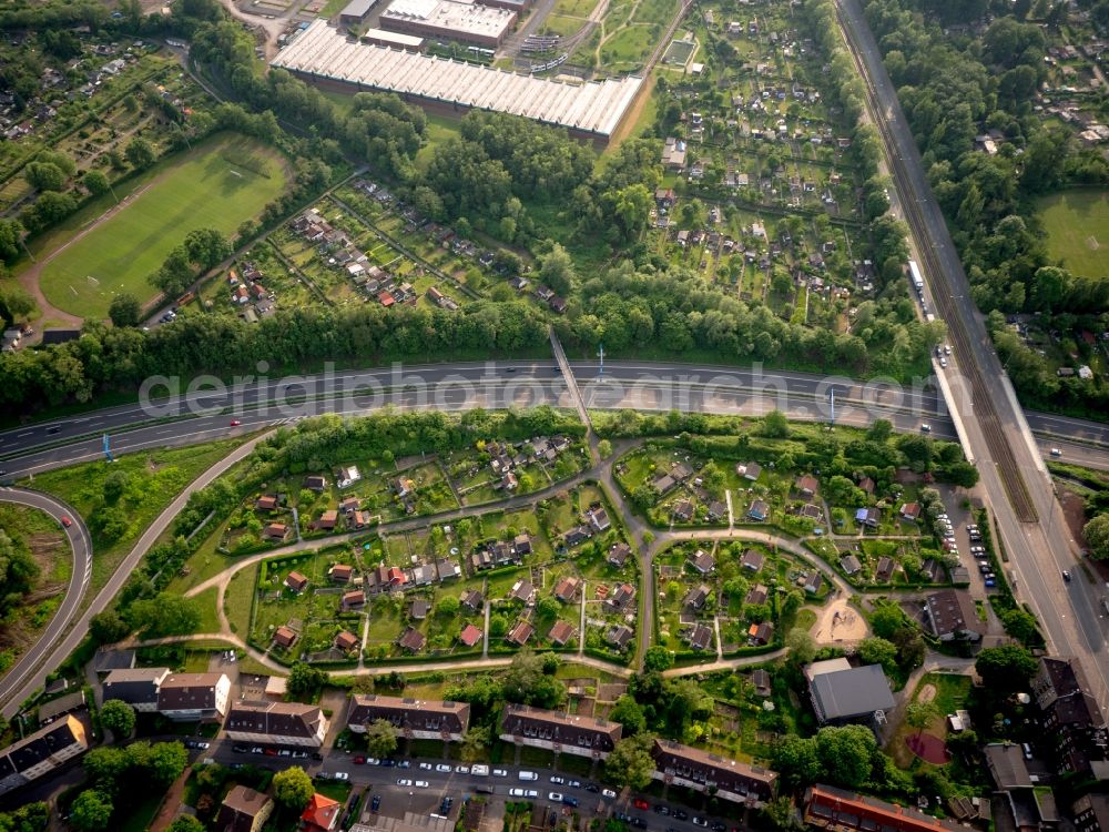 Aerial image Bochum - Parcel of a small garden KGV-Thiemannshof e.V on Essener Strasse in Bochum in the state North Rhine-Westphalia, Germany