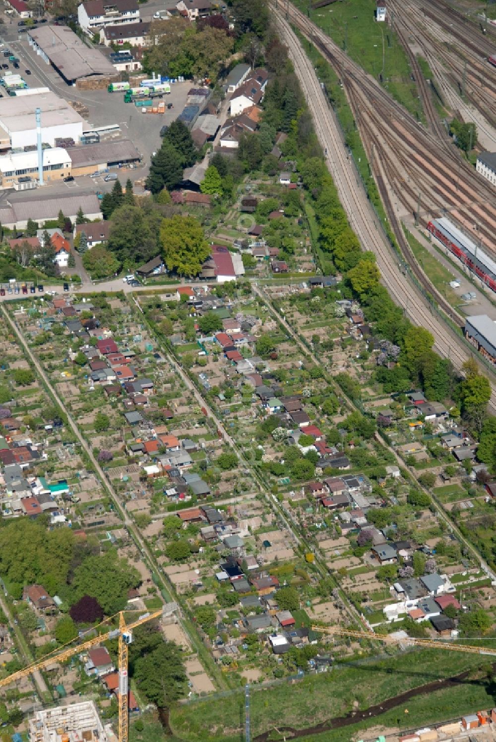 Freiburg im Breisgau from the bird's eye view: Parcel of a small garden of Gartenfreunde Sued in Freiburg im Breisgau in the state Baden-Wuerttemberg