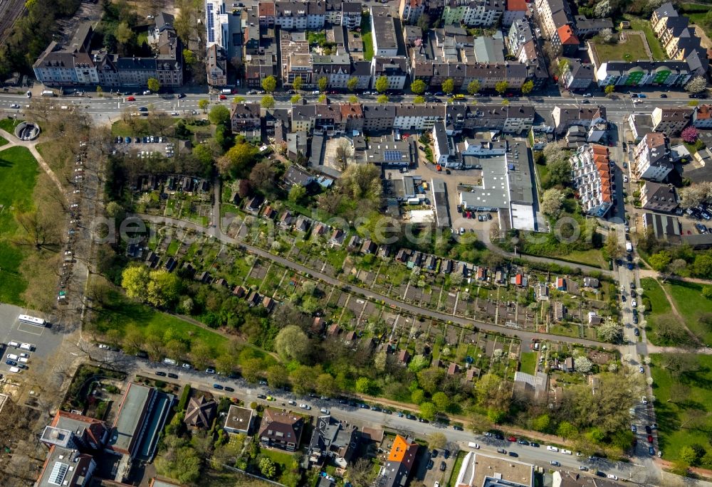 Bochum from above - Parcel of a small garden of Kleingartenverein Im Schmechtingwiesental Bochum on Freiligrathstrasse in Bochum in the state North Rhine-Westphalia, Germany