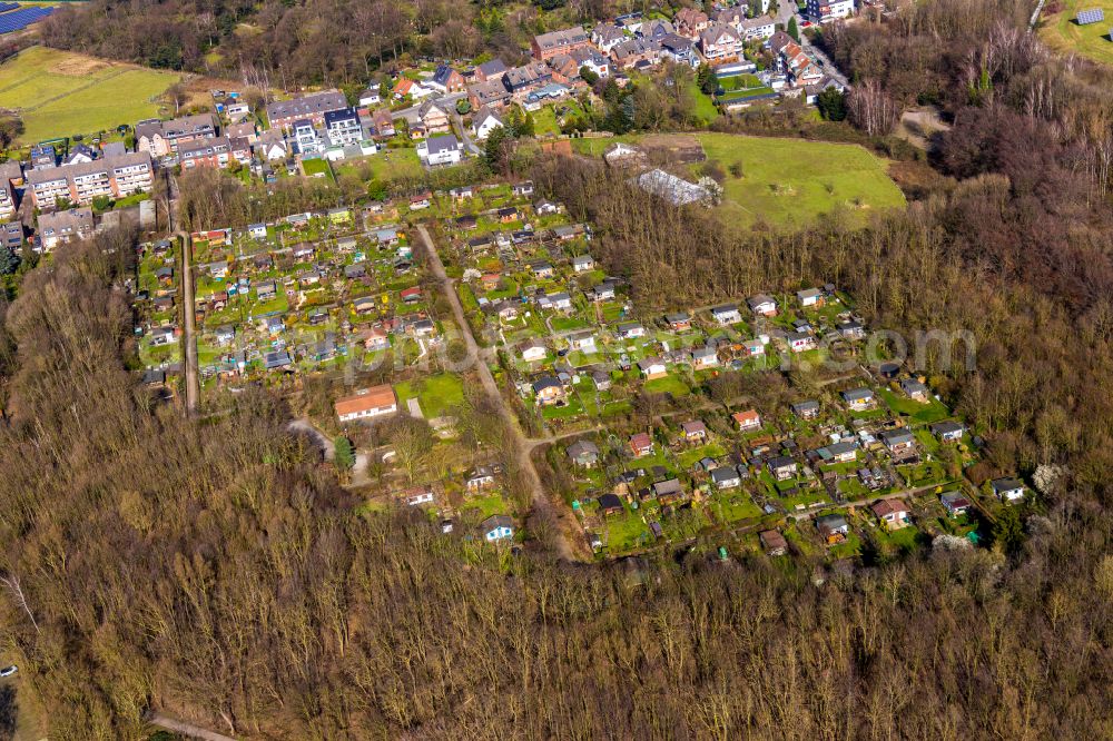 Bottrop from above - Parcel of a small garden Kleingaertnerverein Am Quellenbusch e.V. on street Am Quellenbusch in the district Vonderort in Bottrop at Ruhrgebiet in the state North Rhine-Westphalia, Germany