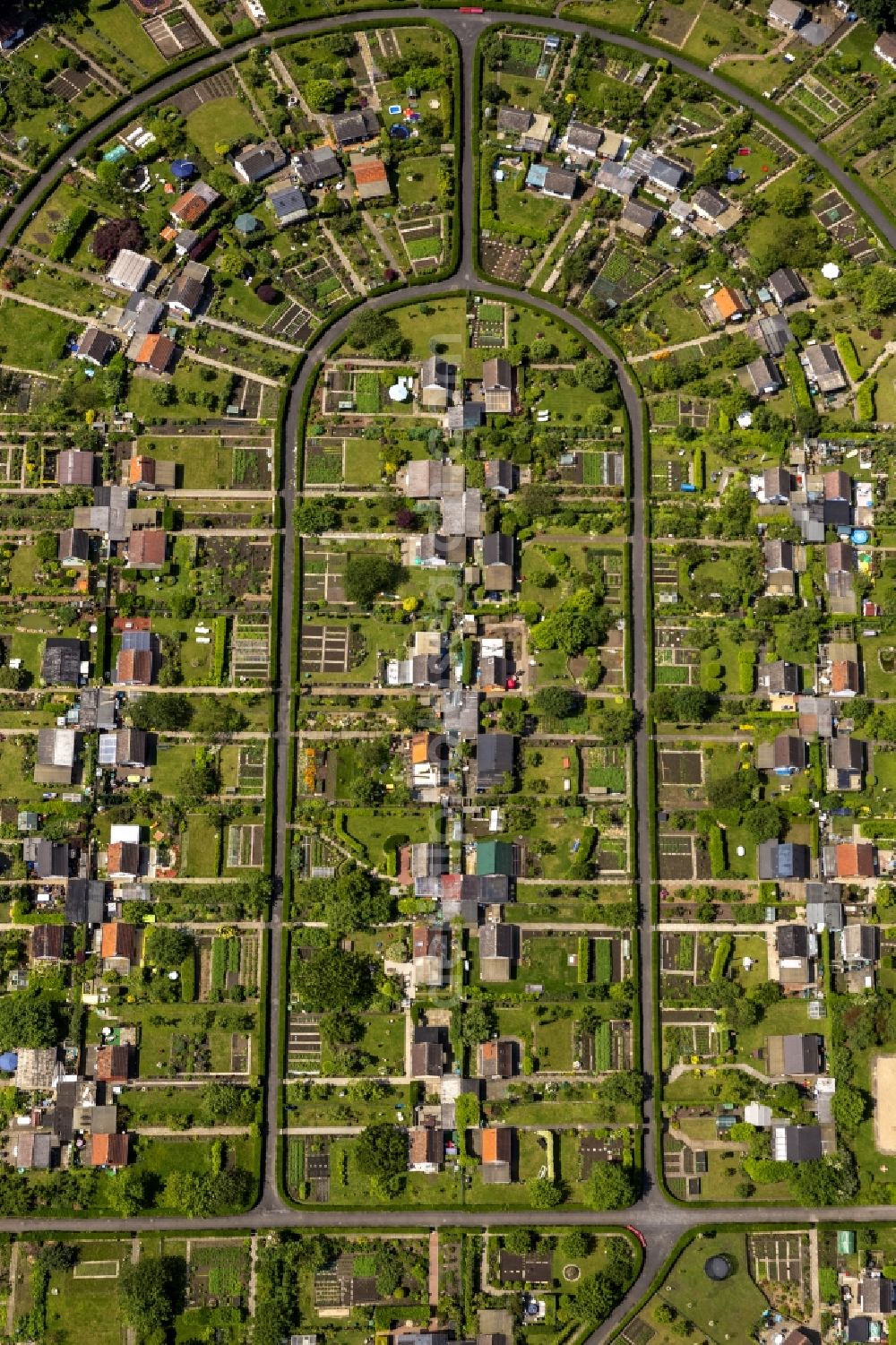 Bochum from above - Plots the garden allotment on Rottmansteich in the district Harpenfeld of Bochum in North Rhine-Westphalia