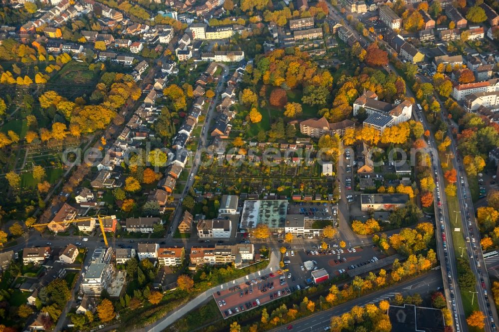 Gladbeck from the bird's eye view: Parcel of an area of autumnal allotements and residential area in the North of Gladbeck in the state of North Rhine-Westphalia