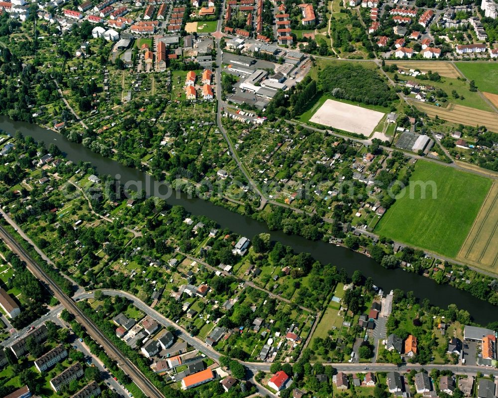 Aerial photograph Gießen - Plots of allotment gardens along the river Lahn in Giessen in the state Hesse, Germany