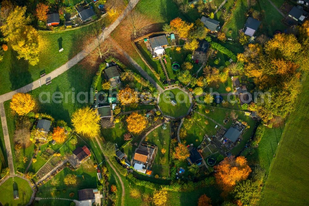 Aerial photograph Stockum - Parcels of a circular allotements in Stockum in the state of North Rhine-Westphalia. The colourful parcels are located in a circle around central squares