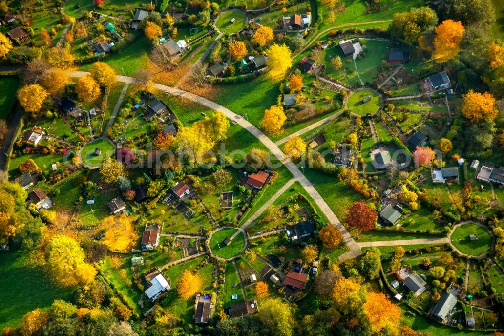 Aerial image Stockum - Parcels of a circular allotements in Stockum in the state of North Rhine-Westphalia. The colourful parcels are located in a circle around central squares