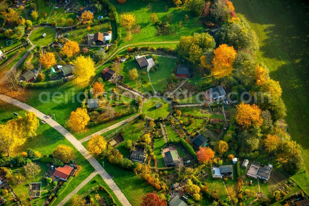 Aerial photograph Stockum - Parcels of a circular allotements in Stockum in the state of North Rhine-Westphalia. The colourful parcels are located in a circle around central squares