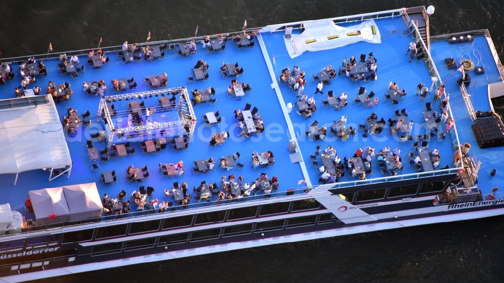 Bonn from the bird's eye view: Passenger and passenger ship MS RheinEnergie sailing on the Rhine in Bonn in the state North Rhine-Westphalia, Germany