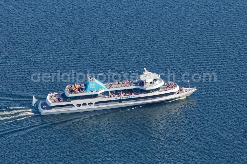 Feldafing from the bird's eye view: Passenger ship Seeshaupt on the Starnberger See off Feldafing in the state of Bavaria. The ship is operated by the Bavarian lake shipping company as a day excursion vessel in regular service