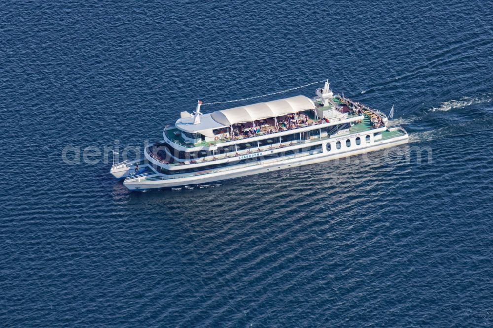 Aerial image Pöcking - Passenger and passenger ship Starnberg on the Starnberger See in front of Possenhofen in the state of Bavaria. The catamaran is operated as a day excursion boat by the Bavarian lakes shipping company