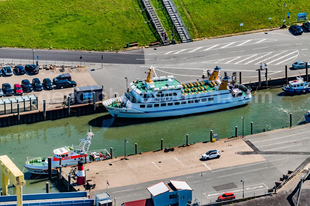 Nordstrand from above - Passenger ship Adler V shipping company Ader Schiffe in the harbor in Nordstrand Nordfriesland in the state Schleswig-Holstein, Germany