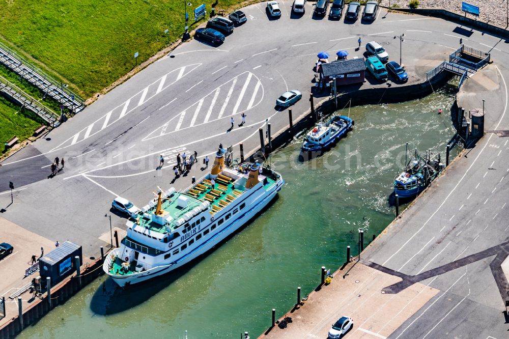 Nordstrand from the bird's eye view: Passenger ship Adler V shipping company Ader Schiffe in the harbor in Nordstrand Nordfriesland in the state Schleswig-Holstein, Germany