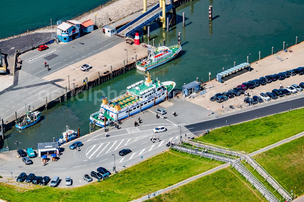 Aerial image Nordstrand - Passenger ship Adler V shipping company Ader Schiffe in the harbor in Nordstrand Nordfriesland in the state Schleswig-Holstein, Germany