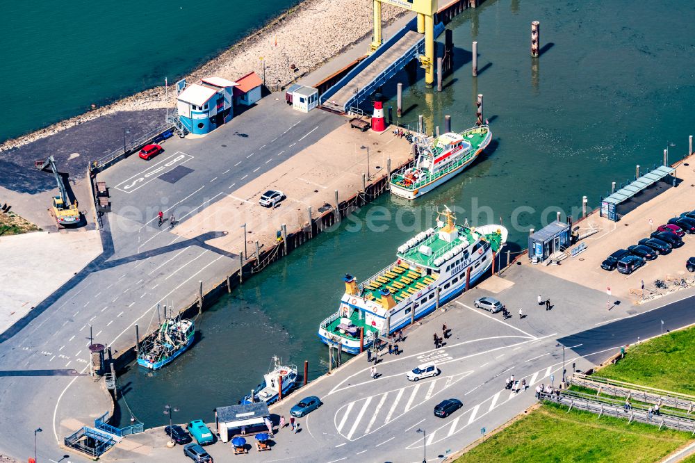 Aerial photograph Nordstrand - Passenger ship Adler V shipping company Ader Schiffe in the harbor in Nordstrand Nordfriesland in the state Schleswig-Holstein, Germany