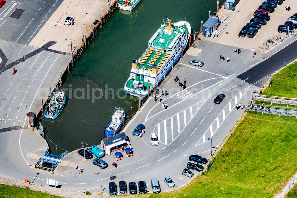 Nordstrand from above - Passenger ship Adler V shipping company Ader Schiffe in the harbor in Nordstrand Nordfriesland in the state Schleswig-Holstein, Germany