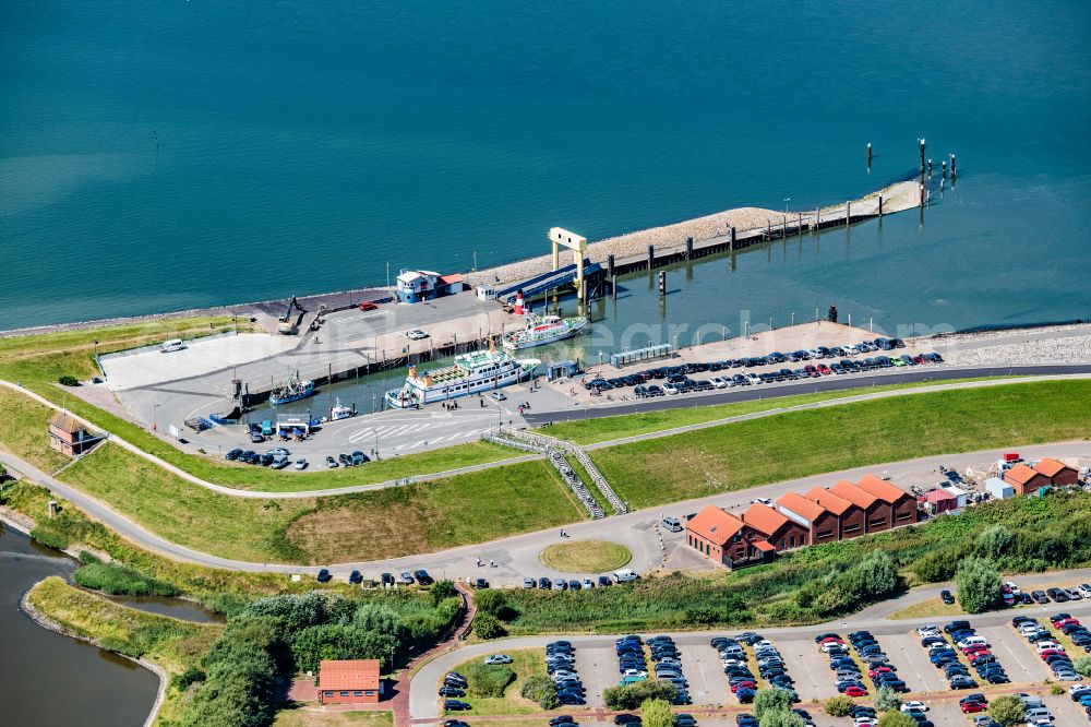 Aerial image Nordstrand - Passenger ship Adler V shipping company Ader Schiffe in the harbor in Nordstrand Nordfriesland in the state Schleswig-Holstein, Germany