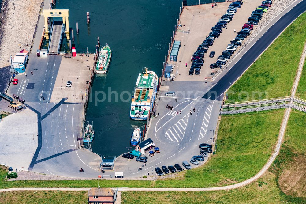 Aerial photograph Nordstrand - Passenger ship Adler V shipping company Ader Schiffe in the harbor in Nordstrand Nordfriesland in the state Schleswig-Holstein, Germany