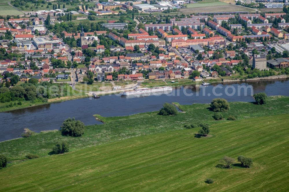 Lutherstadt Wittenberg from above - Passenger ship port in Lutherstadt Wittenberg in the state Saxony-Anhalt, Germany