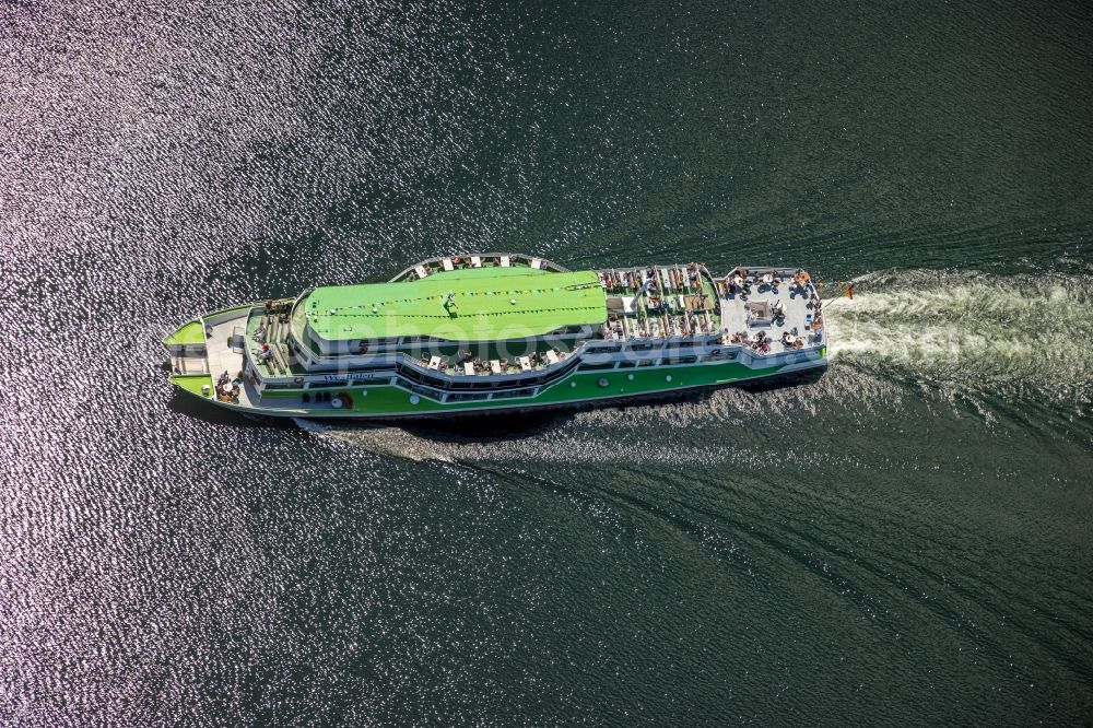 Aerial photograph Sondern - Passenger ship Ausflugsschiff Westfalen on lake Bigge in Sondern in the state North Rhine-Westphalia, Germany