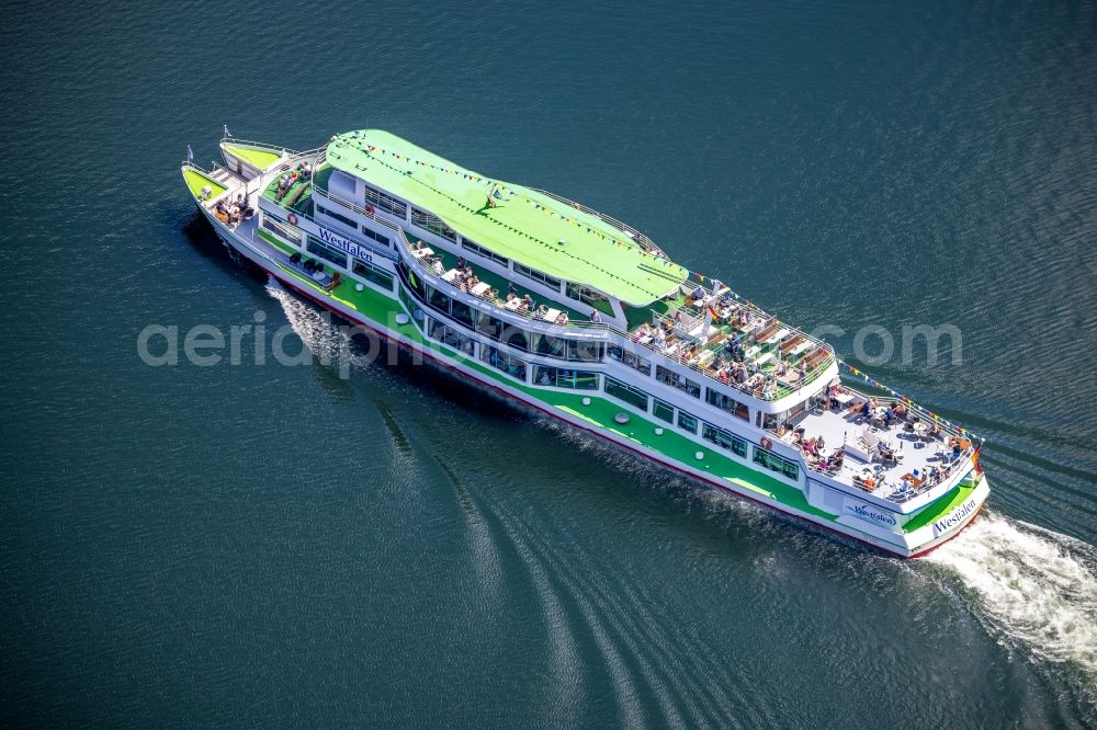 Aerial photograph Sondern - Passenger ship Ausflugsschiff Westfalen on lake Bigge in Sondern in the state North Rhine-Westphalia, Germany