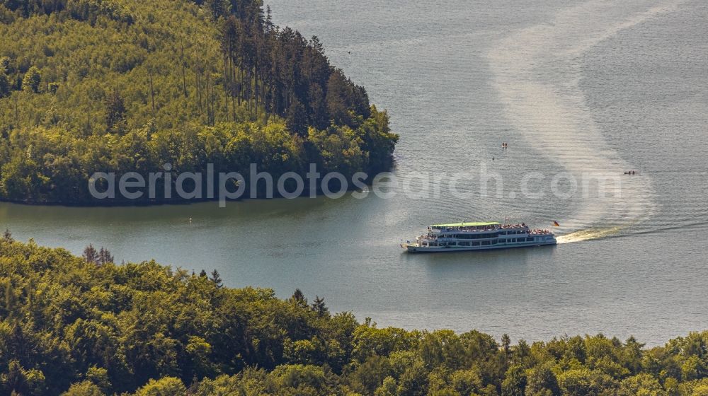 Aerial image Attendorn - Passenger and passenger ship on the Biggetalsperre near Attendorn in the state North Rhine-Westphalia, Germany