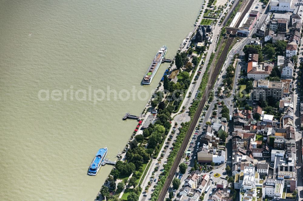 Bingen am Rhein from above - Passenger ship in Bingen am Rhein in the state Rhineland-Palatinate, Germany