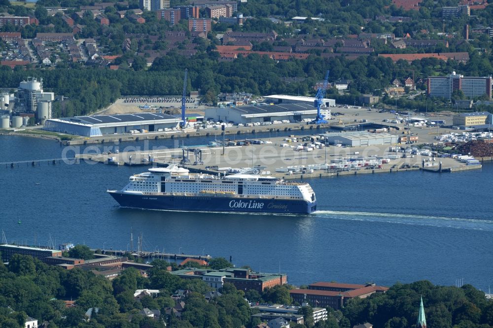 Aerial photograph Kiel - Passenger ship Color Fantasy of Color Line in the harbour area of Kiel in the state of Schleswig-Holstein. The ship is used for cruises and as a ferry