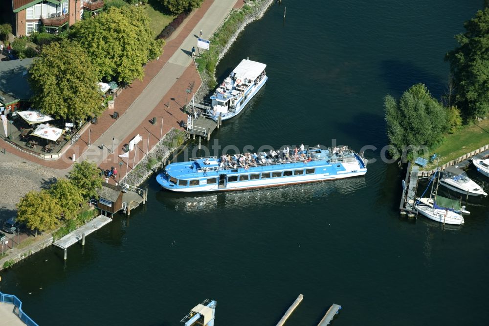 Plau am See from above - Passenger ship of company Fahrgastschiffahrt Wichmann of river Elde in Plau am See in the state Mecklenburg - Western Pomerania