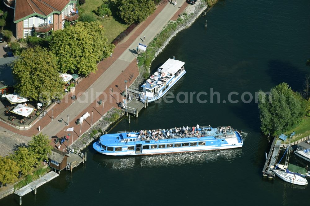 Plau am See from the bird's eye view: Passenger ship of company Fahrgastschiffahrt Wichmann of river Elde in Plau am See in the state Mecklenburg - Western Pomerania