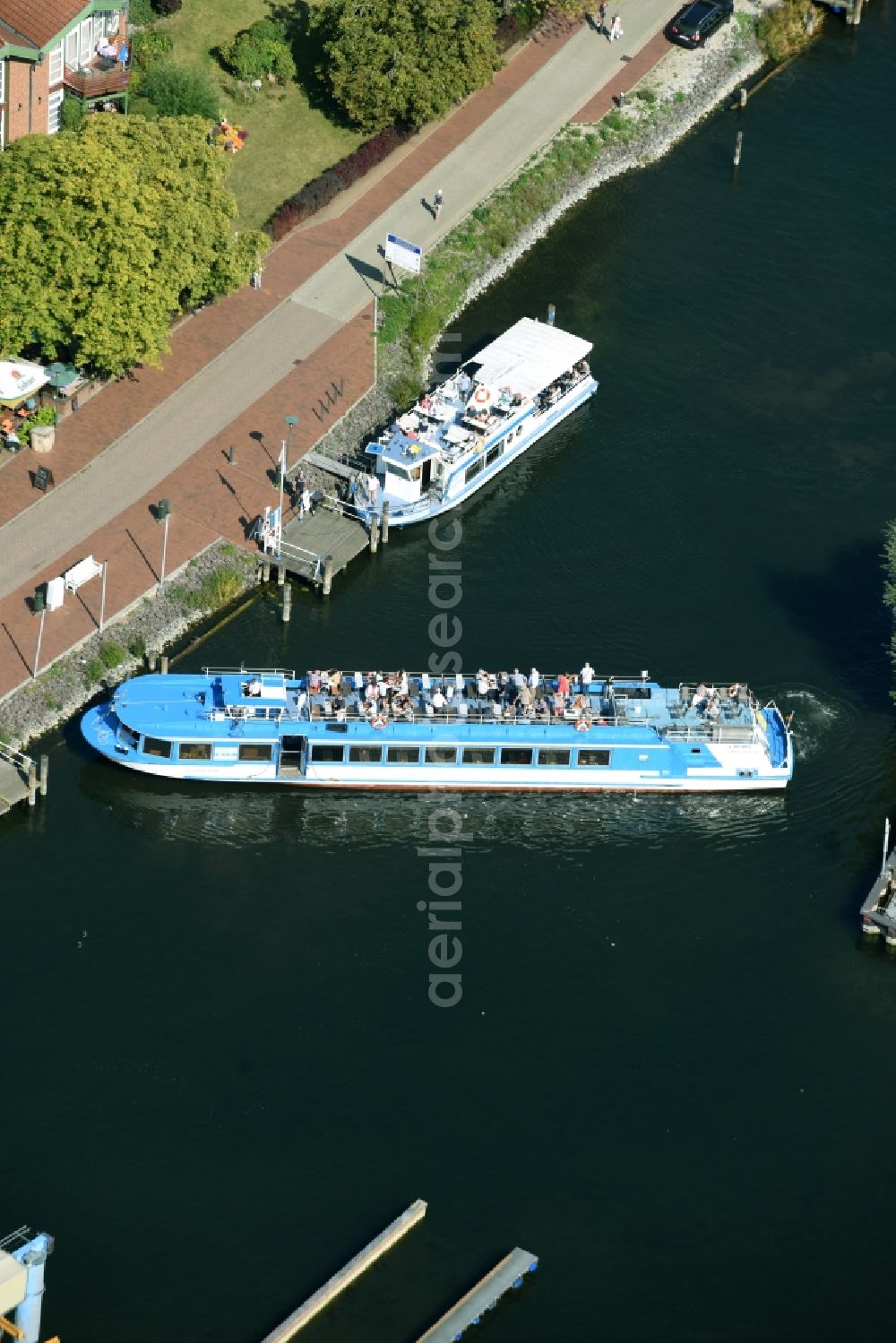 Aerial image Plau am See - Passenger ship of company Fahrgastschiffahrt Wichmann of river Elde in Plau am See in the state Mecklenburg - Western Pomerania