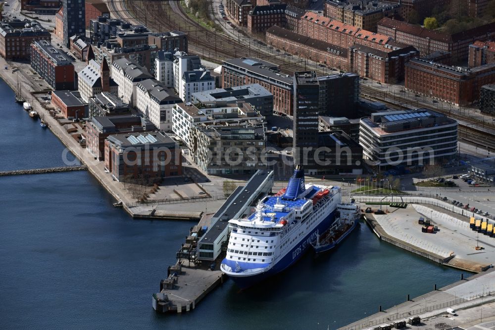 Kopenhagen from above - Passenger ship Faehre of Det Forenede Donpskibs-Selskab on DFDS Copenhagen Terminal in Copenhagen in Region Hovedstaden, Denmark