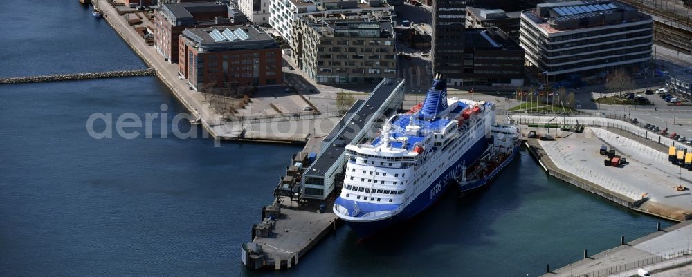 Kopenhagen from above - Passenger ship Faehre of Det Forenede Donpskibs-Selskab on DFDS Copenhagen Terminal in Copenhagen in Region Hovedstaden, Denmark