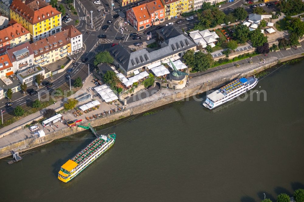 Würzburg from above - Passenger ship in front of the gastronomy - restaurant - building with the Brauerei-Gasthof Alter Kranen in the district Altstadt in Wuerzburg in the state Bavaria, Germany