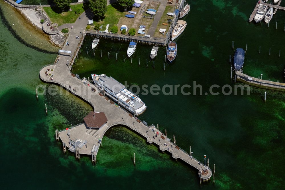 Uhldingen-Mühlhofen from above - Passenger ship Das Mainau-Schiff at the landing stage on Lake Constance in the district Unteruhldingen in Uhldingen-Muehlhofen on Lake Constance in the state Baden-Wuerttemberg, Germany